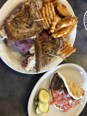 Reuben with waffle fries. Lamb Gyro.