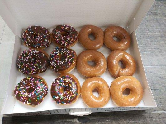 Glazed donuts, and chocolate donuts with sprinkles