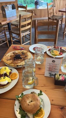 Sebagel (breakfast sandwich), McBenny (corned beef eggs Benedict), and French toast with Canadian bacon