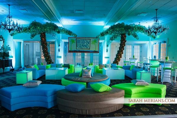 Custom Tropical Themed Bat Mitzvah Lounge with Palm Tree Balloon Sculptures