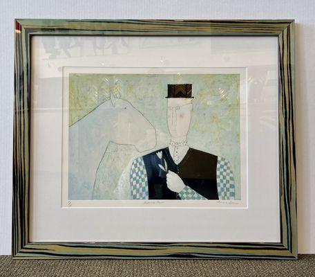 Limited edition print by Anora Spence. "Horse & Flower" is presented in a most-fitting glossy, multi-colored frame.