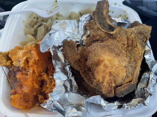 Fried pork chops, spiciest flavorless cabbage and sweet potato.