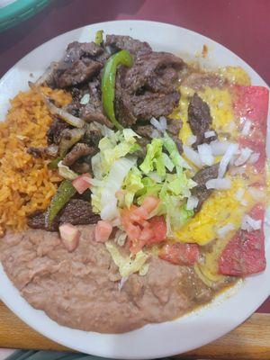 Enchilada plate with fajitas