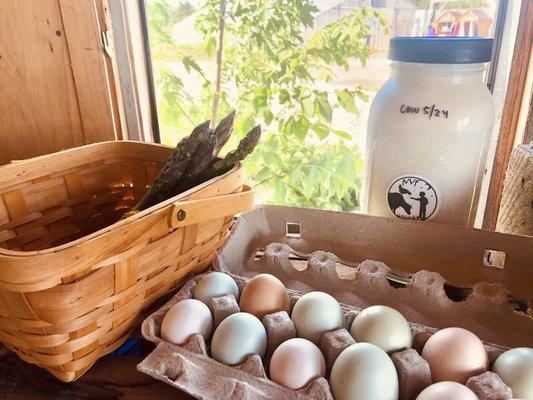 We have raw cow and goat milk, eggs and veg for sale in our farmstand