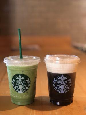 Green tea frapp and salted caramel cold foam cold brew