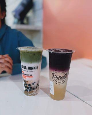 Strawberry matcha latte w/ aloe vera / $8.05 + Butterfly pea flower lemonade / $6.50