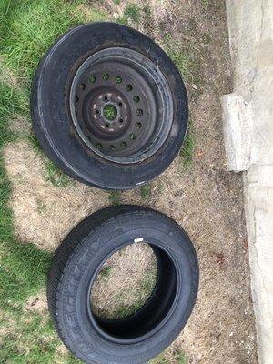 Bald flat (left) with brand new spare (right) that was "too old" to be swapped