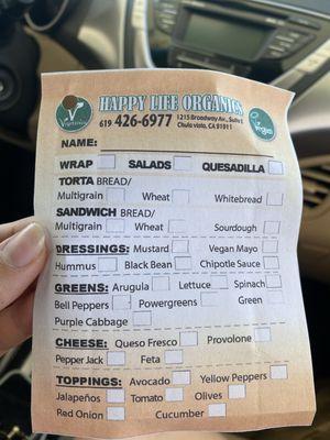 Build your own Sandwich (Torta) menu