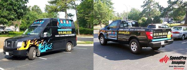 New Branding for Streamline Plumbing and Electric Vehicles--Speedpro Imaging NW Raleigh installed fleet graphics to help this company grow.