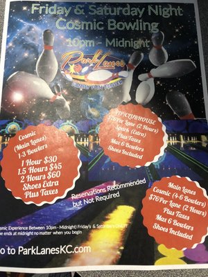 Pricing for Friday and Saturday night bowling.