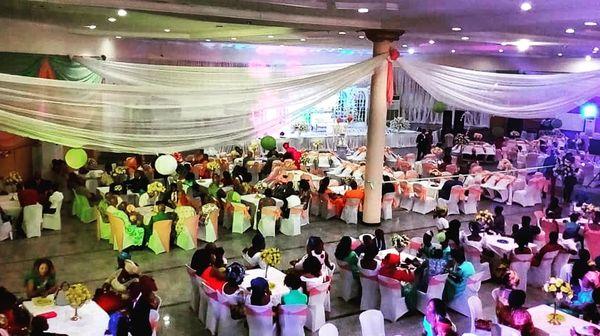 Nicely decorated ballroom for our client's wedding reception.