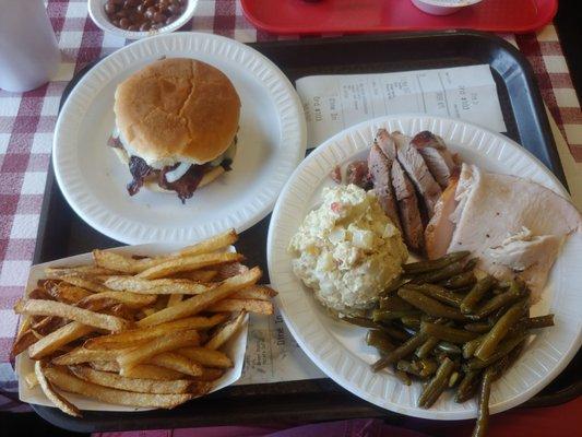 Barbecue burger and two meat plate.