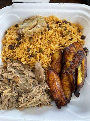 Mojo pork with rice and beans and sweet plantains