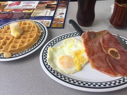 Real Country ham and eggs with a side of waffles.. TASTY