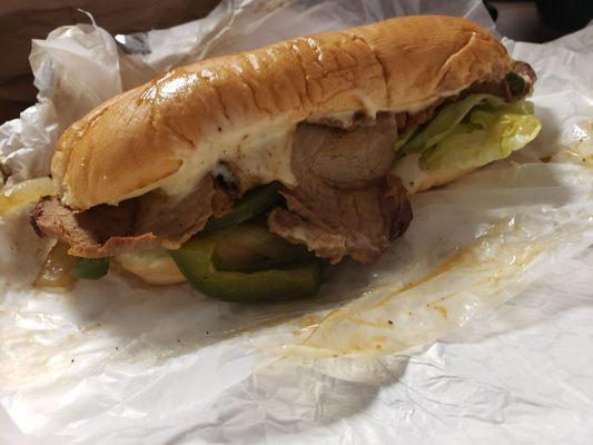 "Philly" cheese steak Chunks of steak, onions and bell peppers (not chopped up)  French roll says its supposed to be grilled but it wasn't