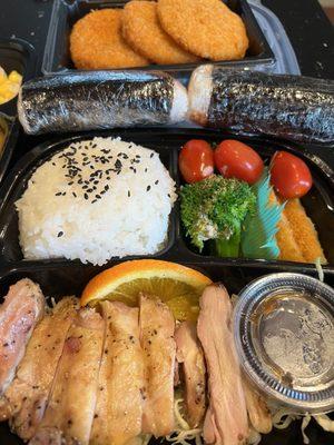 Chicken bento, spam musubi & croquettes. Delicious.