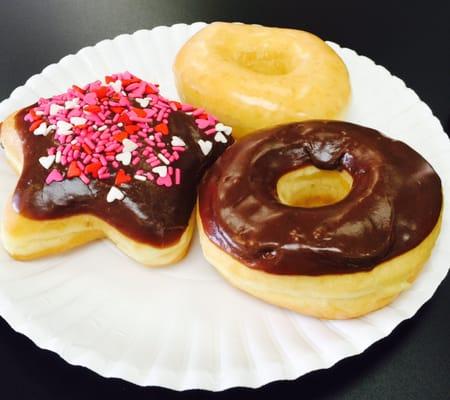 Star, Glazed, and Chocolate Donuts! So light and fluffy it just melts in your mouth.