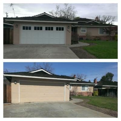 Before and after photo of our customers home . Top photo is a steel carriage house model with tinted Stockbridge windows .