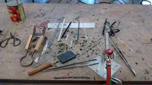 Glass blowing tools and workspace