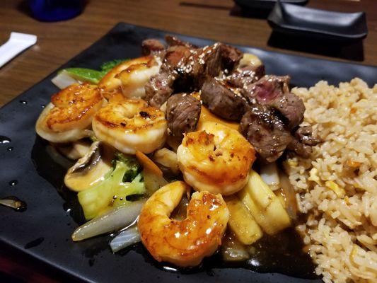 Steak & Shrimp dinner - plenty of food. Very flavorful. Steak was thrilled, the shrimp was marinated in teriyaki sauce.