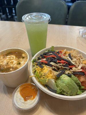 Tortilla soup, Cucumber lemonade and Buffalo salad