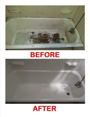 Removed old glaze and refinished wall surround and bathtub in white.