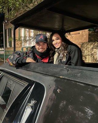 My cousin and I on the hearse ride