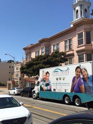 Avon Mobile Mammography van visiting the senior center. Your Avon breast cancer dollars at work.