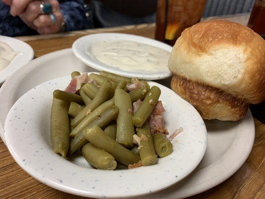 Steak Finger sides. Green Beans, roll & xtra gravy