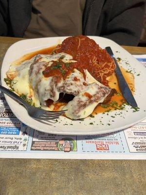 Chicken Parmigiana over Angel Hair pasta