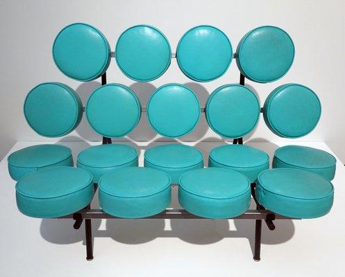 Irving Harper; Marshmellow Sofa; 1956; chromed and painted steel, latex foam, aqua naugahyde upholstery