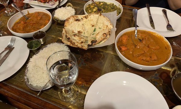 5/18/23 saag paneer (T), chicken tikka masala (L), garlic naan (M), and butter chicken (R)