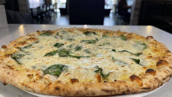 POPEYE - Daily Homemade Dough, Mozzarella, Alfredo Sauce, Feta & Asiago Cheese, Spinach, Parmigiano & Pecorino Blend, Garlic Flavored E.V.O.