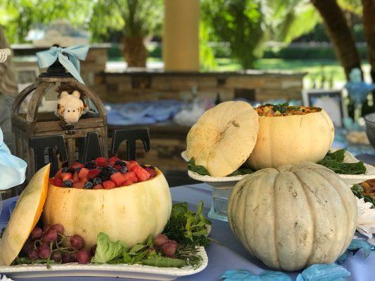 We had a pumpkin theme so Sally Ann served some of the salads in carved out pumpkins