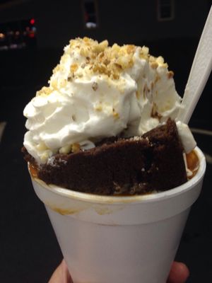 Brownie sundae with peanut butter and hot fudge at Carol's Dairy bar, Fitchburg, MA. Friday night dinner!