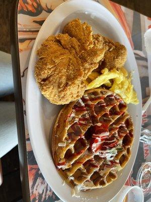 Full breakfast with strawberry waffles