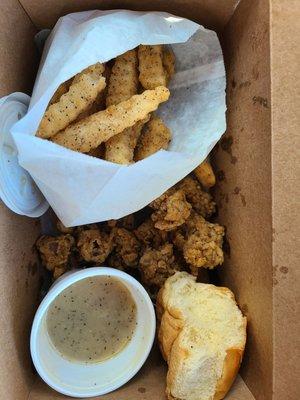 Fresh fried southern chicken gizzard! And battered fries!