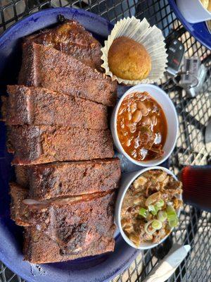 Full rack ribs , bacon potato salad and baked beans.