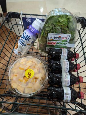 Silk Almond Creamer $5.79. Organic Girl Super Greens $6.99. Cantaloupe 40 oz $6. Diet Dr Pepper 8-pack $4.99 after Kroger Plus VIC discount.