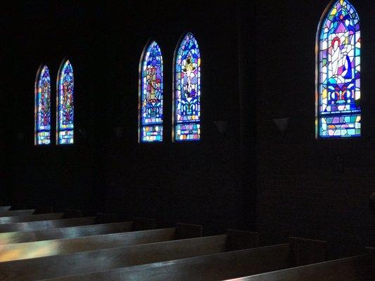 Stained-glass windows in sanctuary