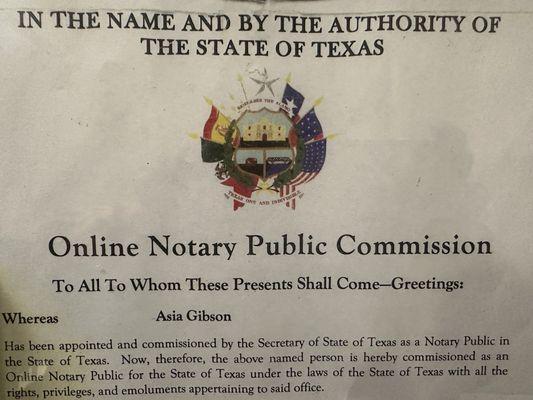 Appointed by The State of Texas to perform "Remote Online Notarizations"