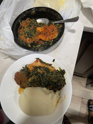 Efo Pepper Soup with Goat Meatand pounded yam.