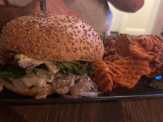 Burger with sweet potato fries