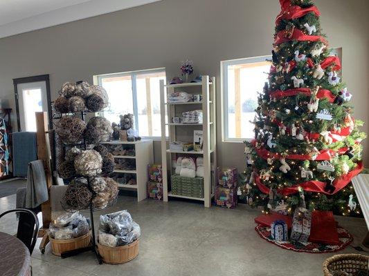 Christmas ornaments, nesting balls, and blankets