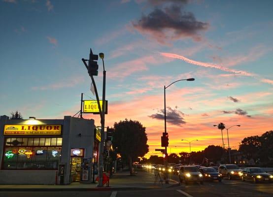 Sunset, outside looking west down Venice Blvd