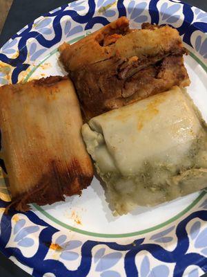 Rojas pork and beef tamales and green chili chicken tamales.