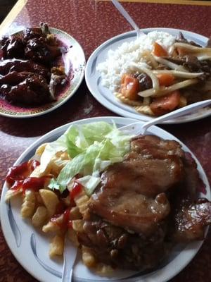 Garlic Chicken Wings, Lomo Salteado, and Hawaiian BBQ