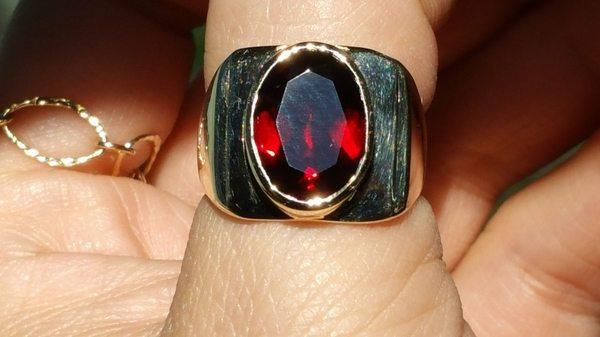 AAA rated deep fire red garnet men's signet ring 14k yellow gold