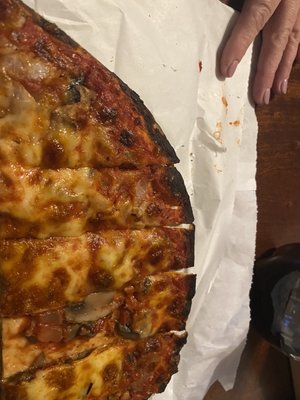 Burnt pizza. Also zero flavor. They forgot the salt entirely.