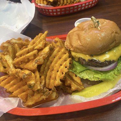 Burger and waffle fries